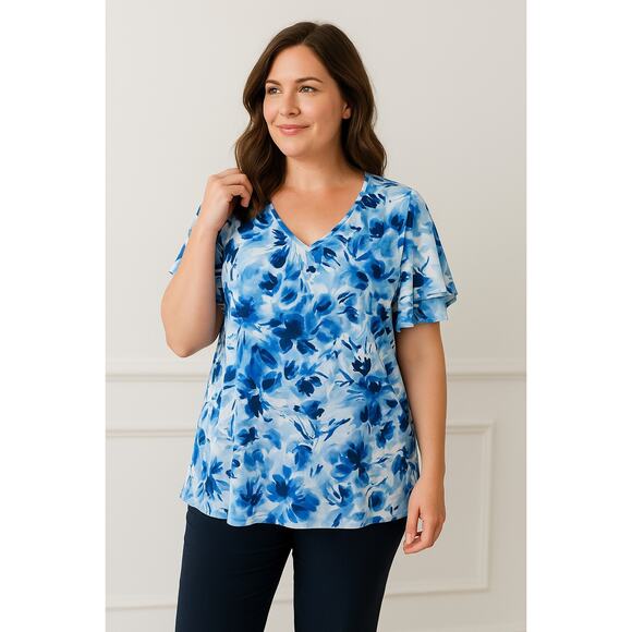 Calvin Klein PLUS 1X Blue Watercolor Floral Flutter Sleeve Top - Picture 1 of 9